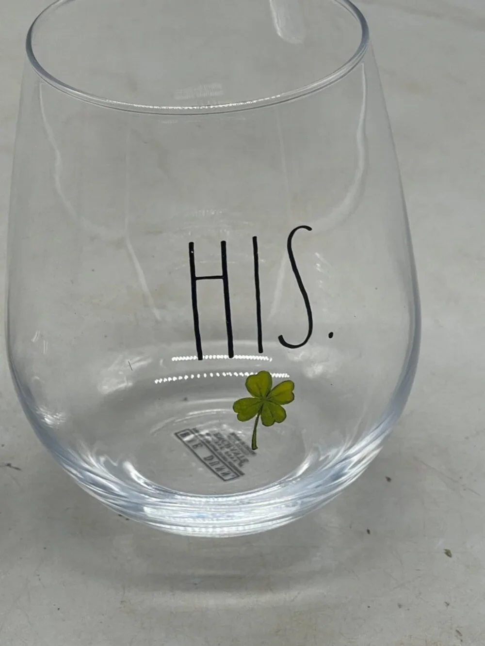 rae dunn stemless wine glasses set of 2 his hers 4 leaf clover clear Irish 5